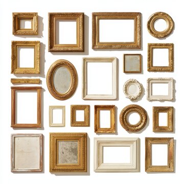 Assorted vintage decorative frames, dividers, and signboards on a pure white background