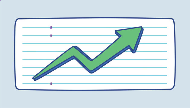 Business growth chart showing an upward trend with a green arrow on a piece of lined notebook paper for success and statistics.