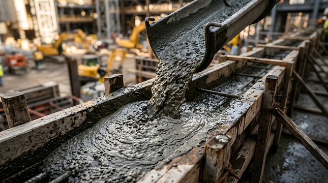 Wet concrete being poured from a chute into a wooden formwork at a construction site