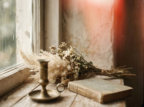 Vintage still life with dried flowers, brass candle holder and old book on wooden windowsill