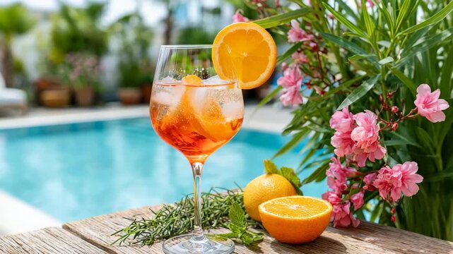 Summer Delight: A refreshing orange cocktail with ice and an orange slice garnish sits poolside, surrounded by lush greenery and vibrant pink flowers, evoking a perfect summer vacation vibe.