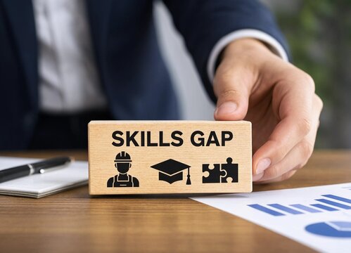 Professional pointing at skills gap wooden block with icons representing education and workforce challenges on desk