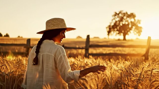 Young woman in straw hat walks through golden wheat field at sunset. Female touches wheat stalks in field. Happy girl enjoys nature walk on farm. Sunset light shines on woman walking outdoors.