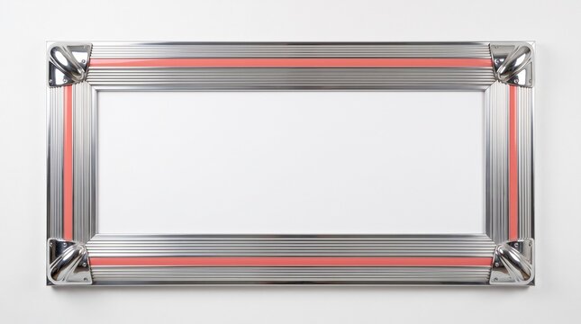 Modern chrome picture frame with pink neon accents, sleek metallic photo frame for gallery displays, polished silver border with colorful inlay, minimalist rectangular frame for art exhibitions.