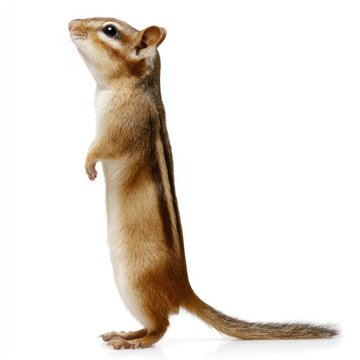 Standing chipmunk isolated on white background, side view