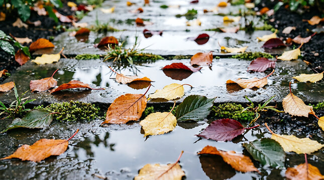 Autumn Leaves Floating on a Serene Pond with Pink Water Lilies and Reflections in a Peaceful Garden Park