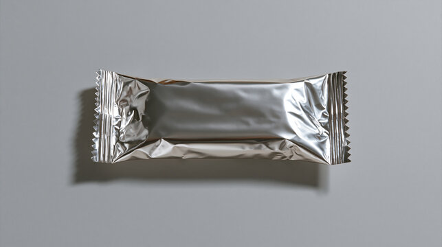 A shiny silver snack bar wrapper is captured from above on a neutral background.