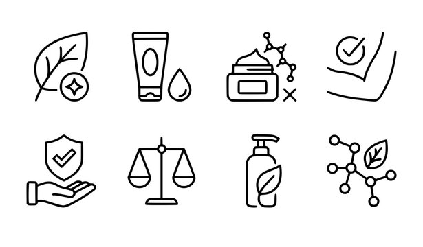 Title:
Organic Skincare Line Icons Set Paraben Free Dermatologically Tested Natural Botanical Vector