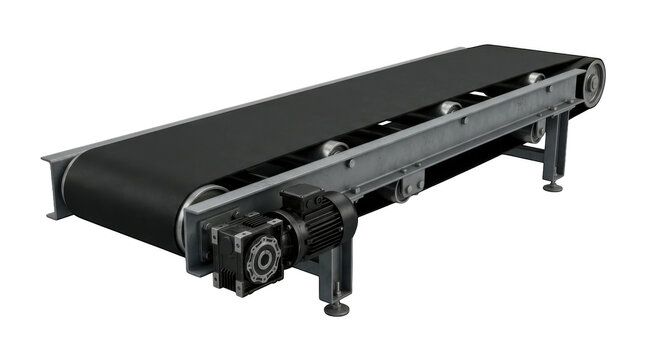 Industrial conveyor belt system for manufacturing and logistics isolated on transparent background