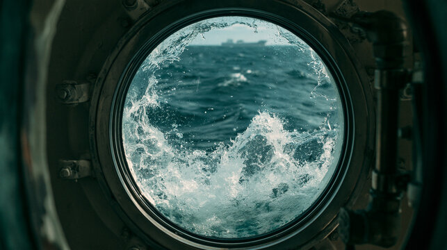 A view of rough sea waves splashing against a ship porthole window under dramatic lighting.