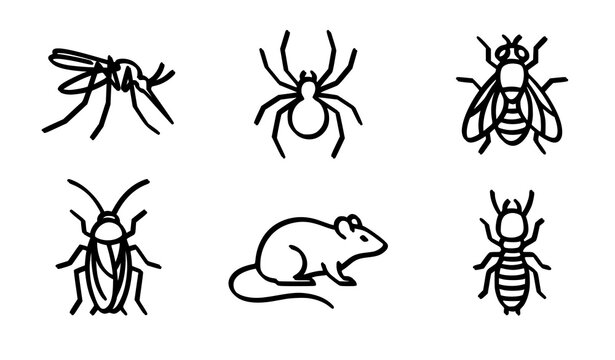 Title: Pest control and household pests line art vector icons set with mosquito spider fly cockroach mouse rodent and termite on white background