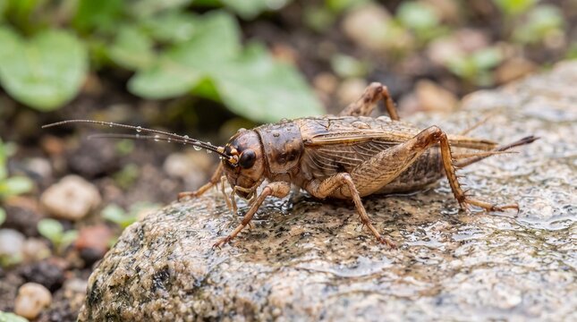 Brown field cricket on stone, macro insect photography in garden, wild cricket resting on wet rock, natural wildlife background