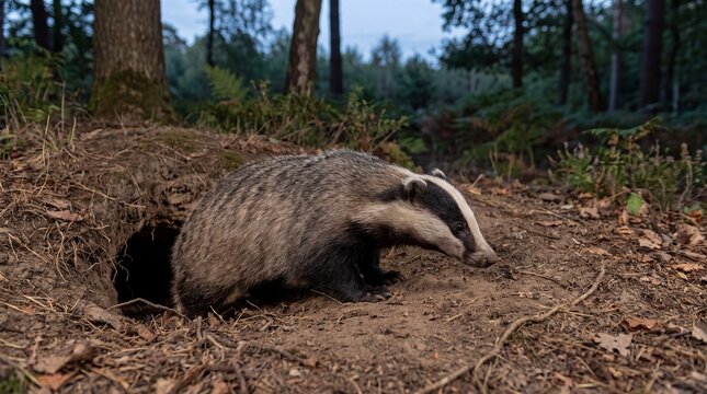 European badger emerging from forest den at dusk, wild badger near underground sett, nocturnal wildlife in woodland habitat