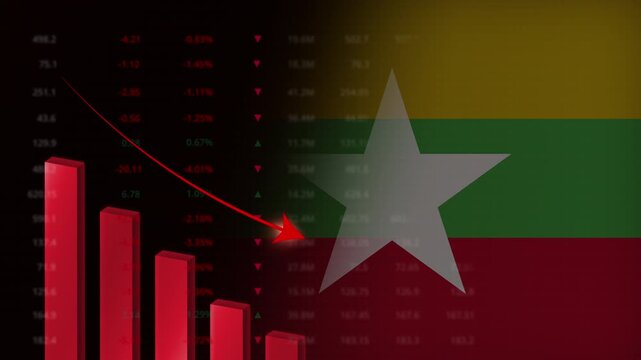 Economic crisis in Myanmar.Red falling graph animation with Myanmar flag.Stock market crash