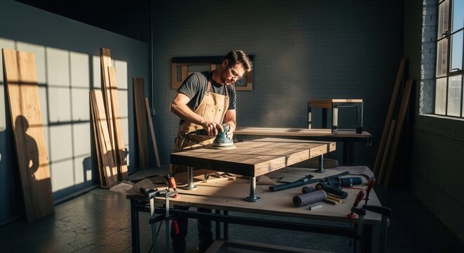 Skilled Craftsman Sanding Wood Furniture In A Sunlit Workshop