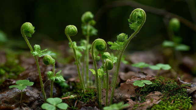 Fiddlehead ferns unfurling in forest undergrowth