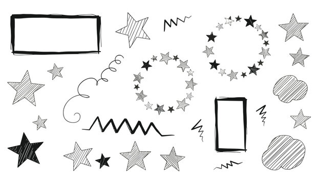 Assortment of hand drawn black sketches like stars and zigzags and rectangles for decorative elements in posters and journal designs.