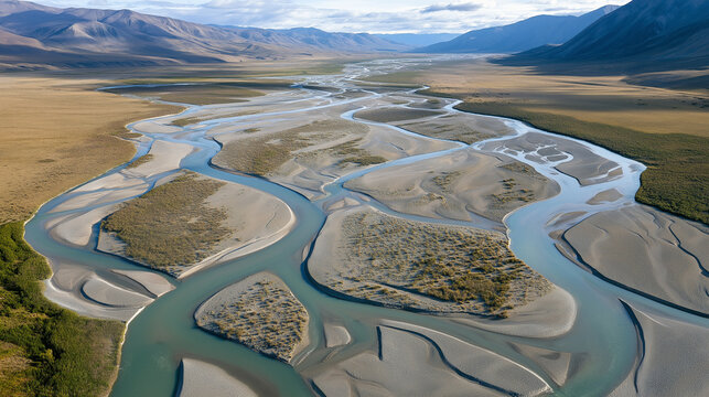 Braided river winding through desert plains with mountains in background