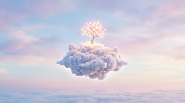 Glowing tree on a floating cloud island in a dreamy pastel sunset sky