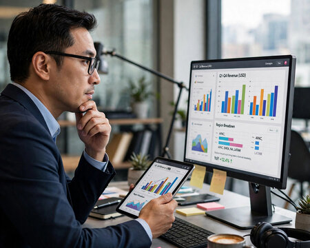 Businessman Analyzing Business Charts on Monitor, A businessman wearing glasses with his hand on his chin, thoughtfully analyzing colorful bar charts on a desktop monitor while holding a tablet