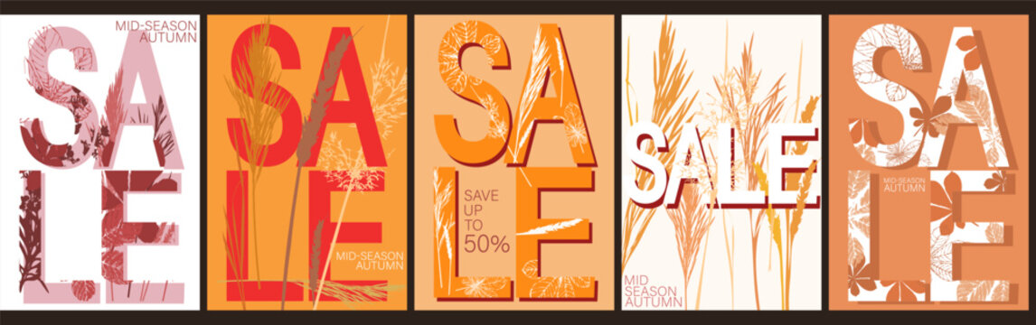 Autumn Sale posters, flyer set. Hello Fall card frame typography design with leaves and plants.  Template for advertising, web, social media, web	