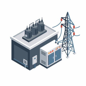 Sleek Isometric of Modern Electrical Substation with Transformers Control Panels and Power Lines