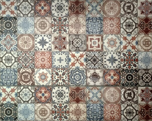 Checkered traditional European ceramic mosaic tile background pattern. Architectural mosaic detail, abstract background for street, bath and pool. Ornamental pattern for street and interior design © georgidimitrov70