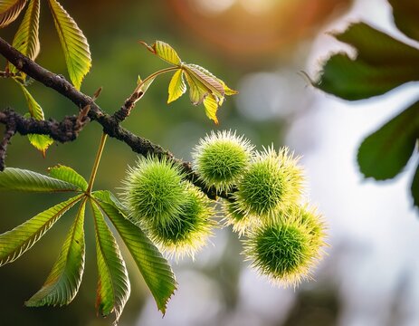 close up of a sweet chestnut tree branch with green spiky fruits