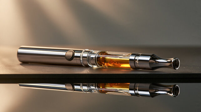 A sleek electronic cigarette with golden oil rests on a dark reflective surface under soft studio lighting.
