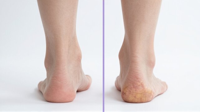 Closeup comparison of human heels showing healthy skin versus callused cracked heel