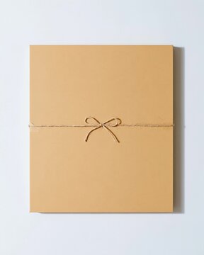 Eco friendly packaging with a kraft box tied in a small jute twine ribbon bow, featuring a matte texture and clean copy space for a mockup template