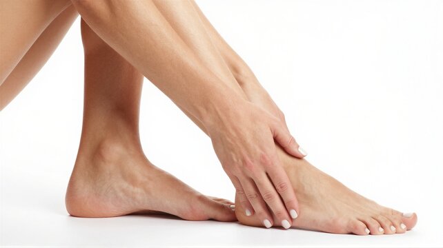 Female hands gently touching smooth bare feet with white manicure on bright studio background