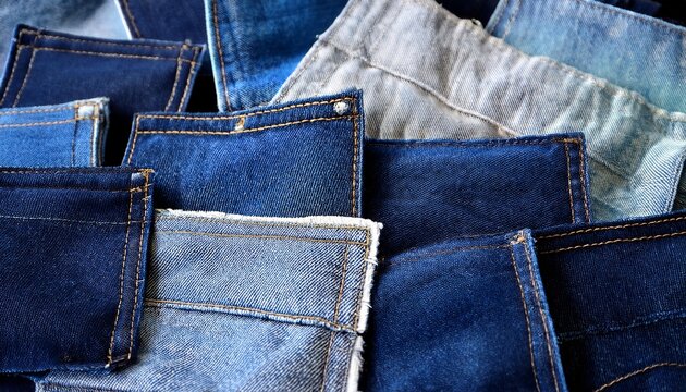 denim patches in various shades of blue stacked together on a flat surface during daylight hours