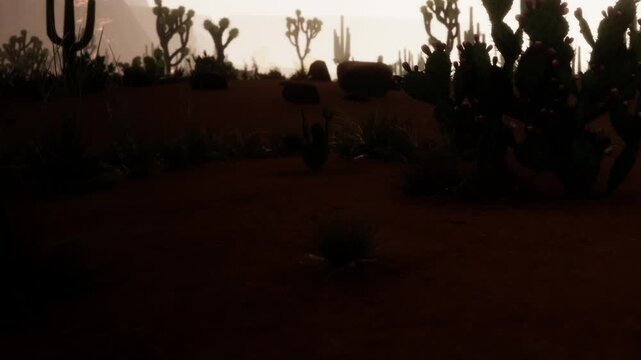 As the sun sets over the arid landscape, silhouettes of cacti appear against the warm, glowing horizon. Sagebrush and rocky terrain complement the serene desert atmosphere.