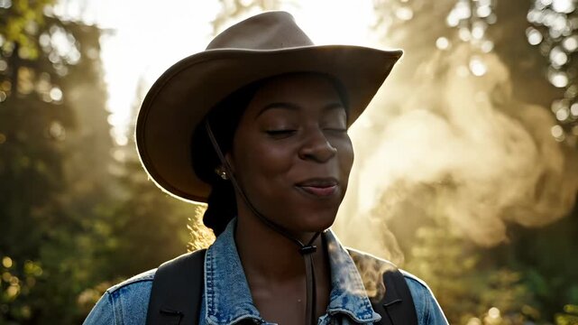Woman hiker smiles in forest wearing hat with backpack during golden sunrise. Smiling woman hiker stands in forest with hat and backpack. Happy woman traveler enjoys nature in forest wearing hat with