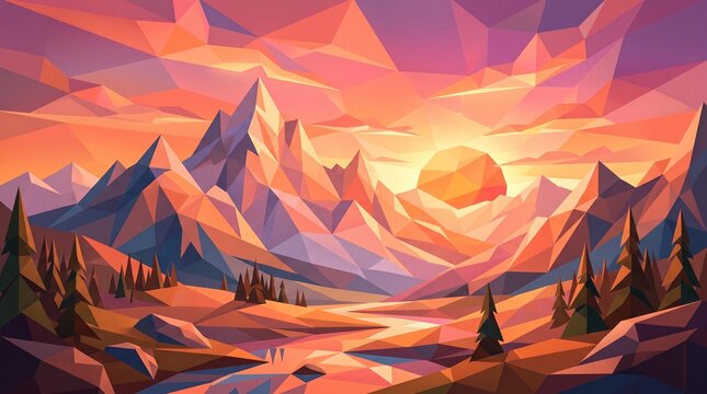 Low poly geometric mountain landscape with warm golden sunset light and vivid colors
