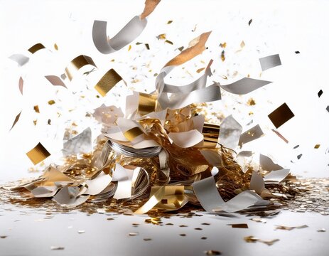 falling confetti sprinkles paper and metallic mix isolated on white background
