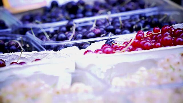 Wei&szlig;e Johannisbeeren, Preiselbeeren und Blaubeeren mit Sch&auml;rfenverlagerung am Marktstand