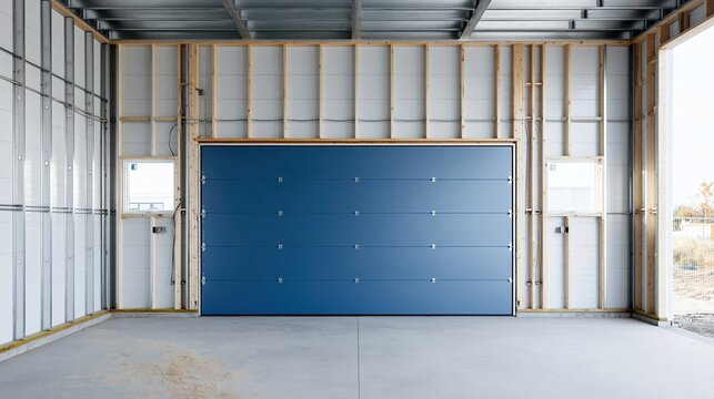 Periwinkle blue sectional garage door in an unfinished residential space with exposed wall studs for renovation and property inspection