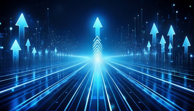 futuristic blue arrows pointing forward with glowing particles symbolizing progress and direction in a digital world