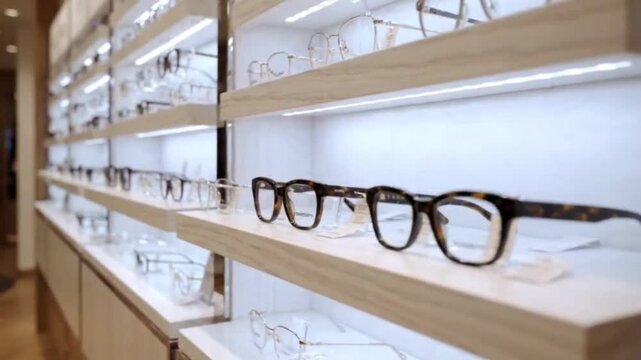Elegant display shelf featuring modern designer optical frames with classic tortoiseshell patterns in bright boutique store interior for retail shopping vision.