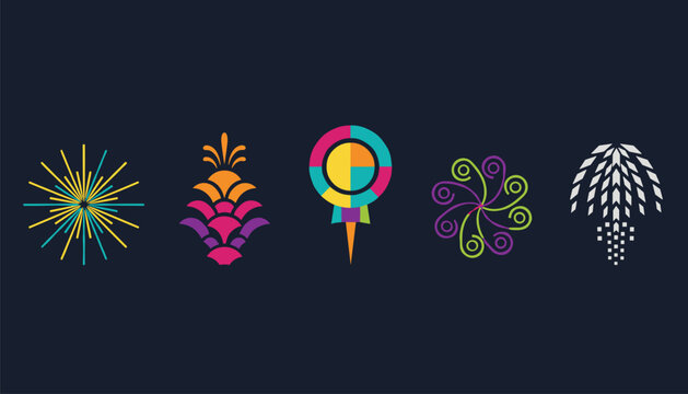 Five colorful abstract logos or symbols representing natural elements and growth are aligned on a dark navy blue background.