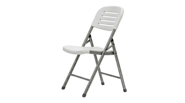 Modern white plastic folding chair with a grey metal frame isolated on transparent background