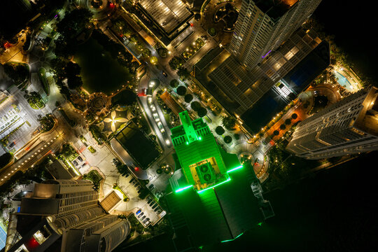 Neon green building rooftop aerial photo