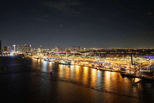 MSC containers at Port Miami night aerial drone photo