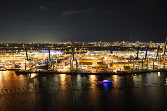 MSC containers at Port Miami night aerial drone photo