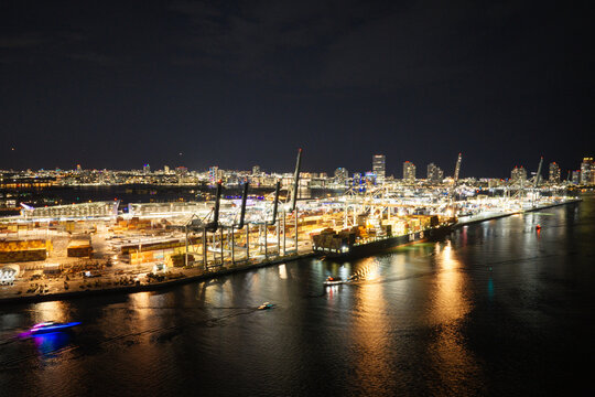 MSC containers at Port Miami night aerial drone photo