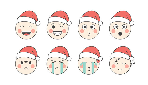 Group of eight circular emojis wearing red Santa hats displays a wide range of emotions from happy and winking to angry and sad.