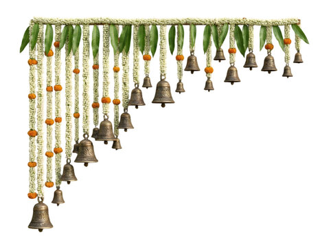 Elegant diwali toran with bells and mango leaves a traditional indian decoration isolated on transparent background