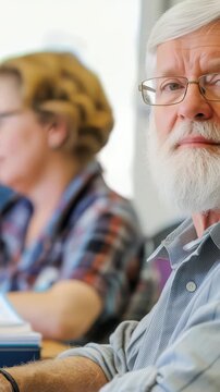 An older adult student with white hair and a beard in a classroom setting, surrounded by other students. He's focused and appears to be engaged with his studies.